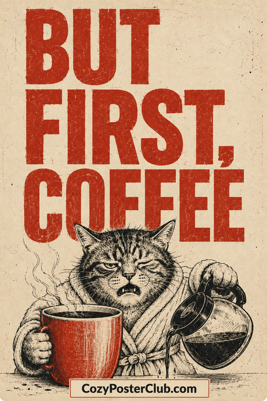 Funny Cat Coffee Poster – Vintage Kitchen Wall Art