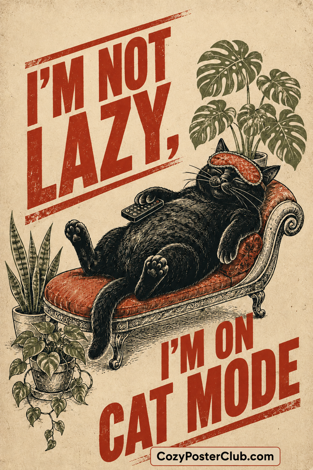 Funny Lazy Cat Poster – Retro Cat Lover Wall Art