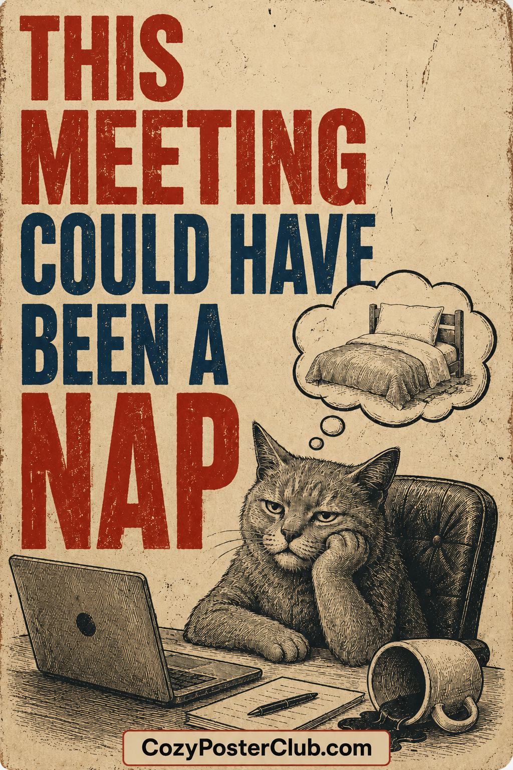 Funny Office Meeting Cat Poster – Work From Home Decor