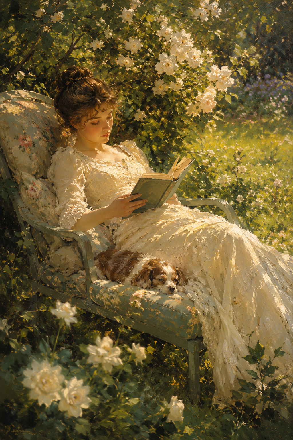 Woman reading in a sunny garden with a dog, vintage wall art