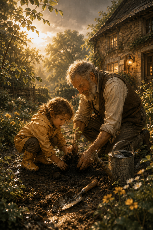 Grandfather gardening with a child outside a vintage cottage
