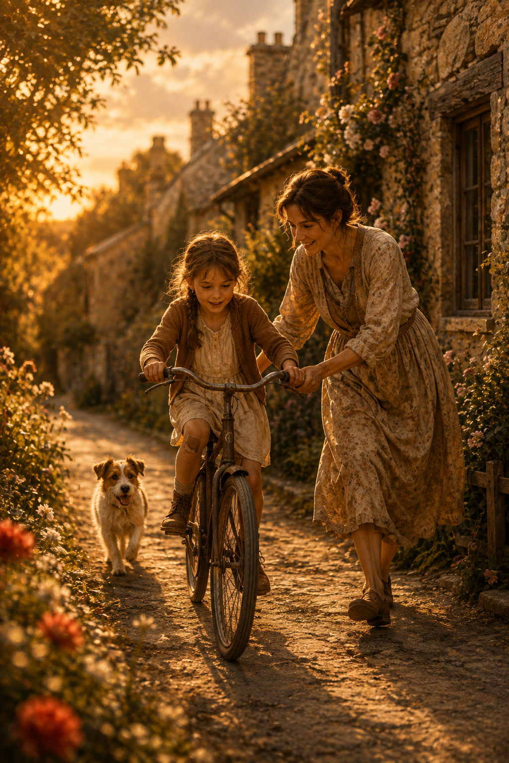 Child learning to ride a bicycle with her mother and dog in a cottage village