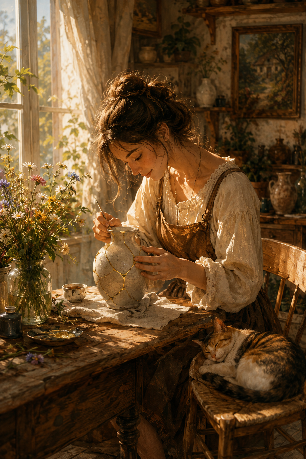 Woman painting pottery by a sunlit cottage window with a cat