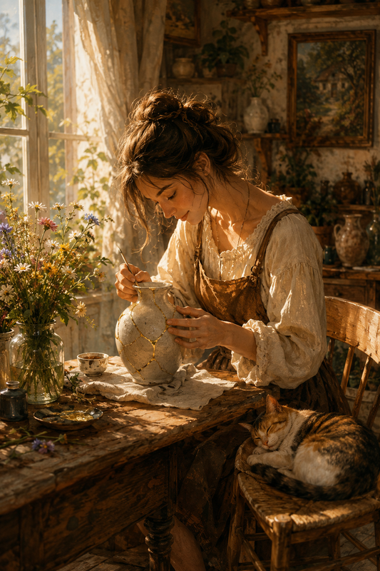 Woman painting pottery by a sunlit cottage window with a cat