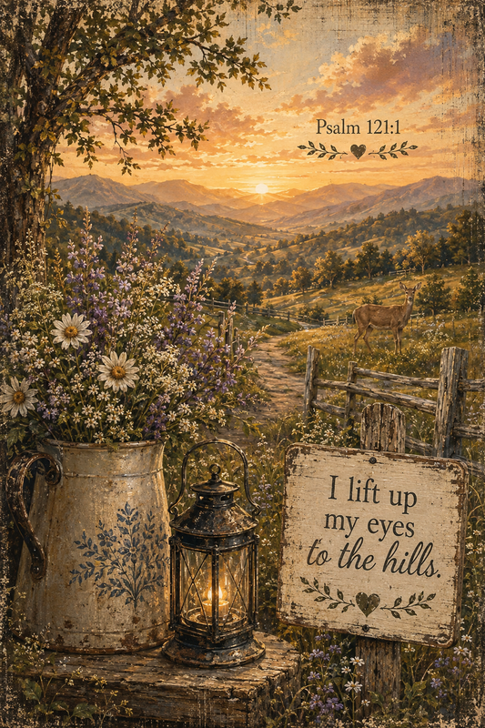 Psalm 121:1 I lift up my eyes to the hills Christian cottagecore wall art