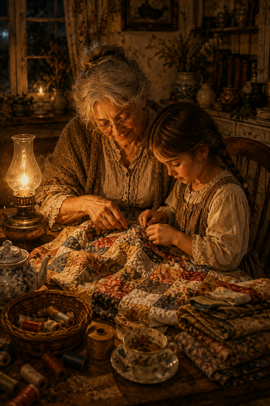 Grandmother and child quilting together by lamplight