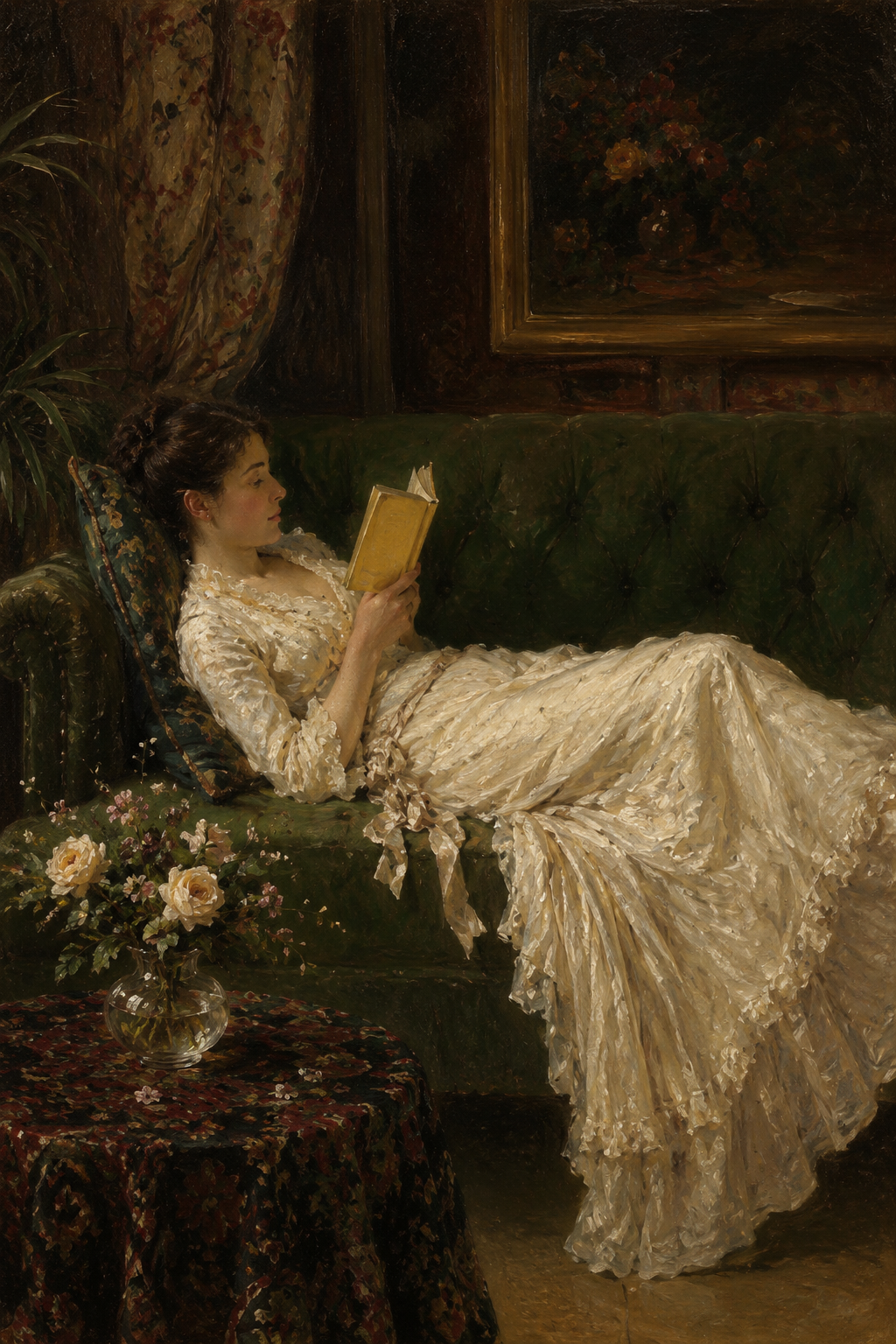Reclining woman reading on a green sofa, dark academia wall art