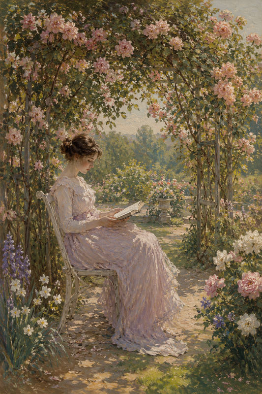Woman reading beneath a rose arbor, romantic vintage wall art