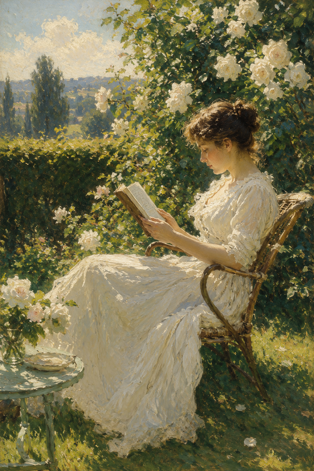 Woman reading in a sunlit flower garden, impressionist wall art