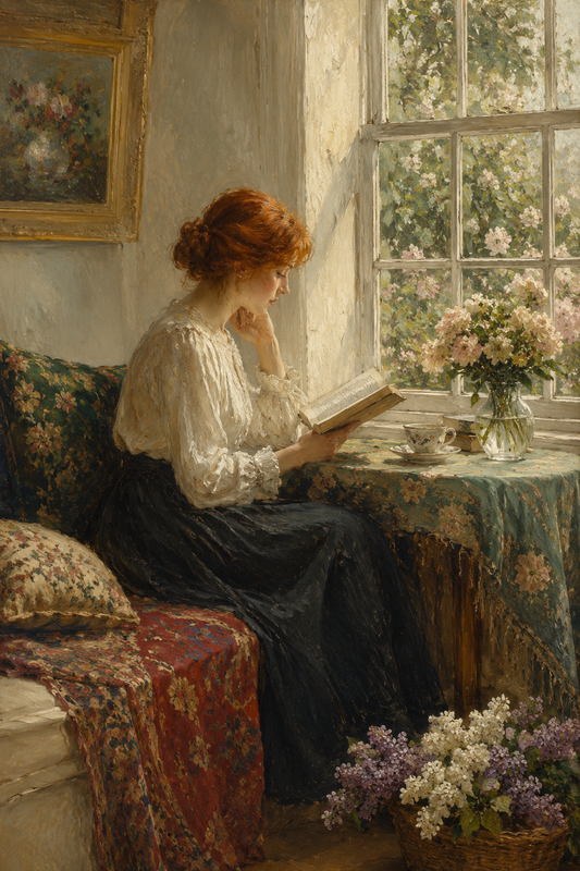 Woman reading beside a flower-filled window, cottagecore wall art