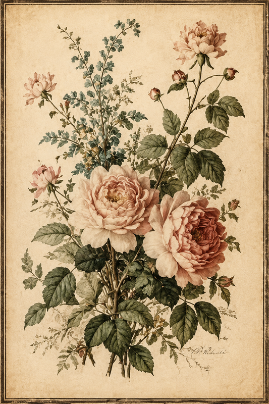 Vintage botanical floral poster featuring blush roses and green foliage