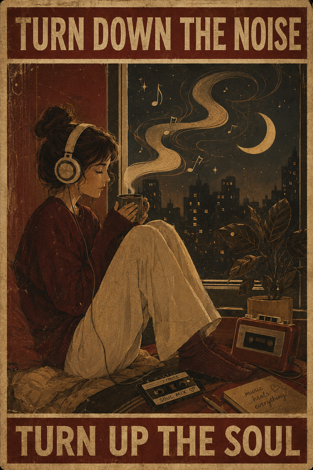 Turn Down the Noise, Turn Up the Soul — Retro Music Poster