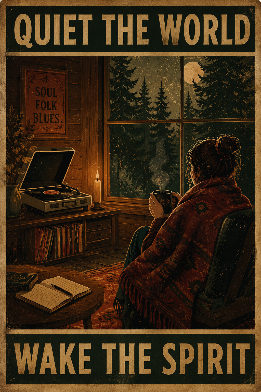 Quiet the World, Wake the Spirit — Vintage Cabin Music Poster
