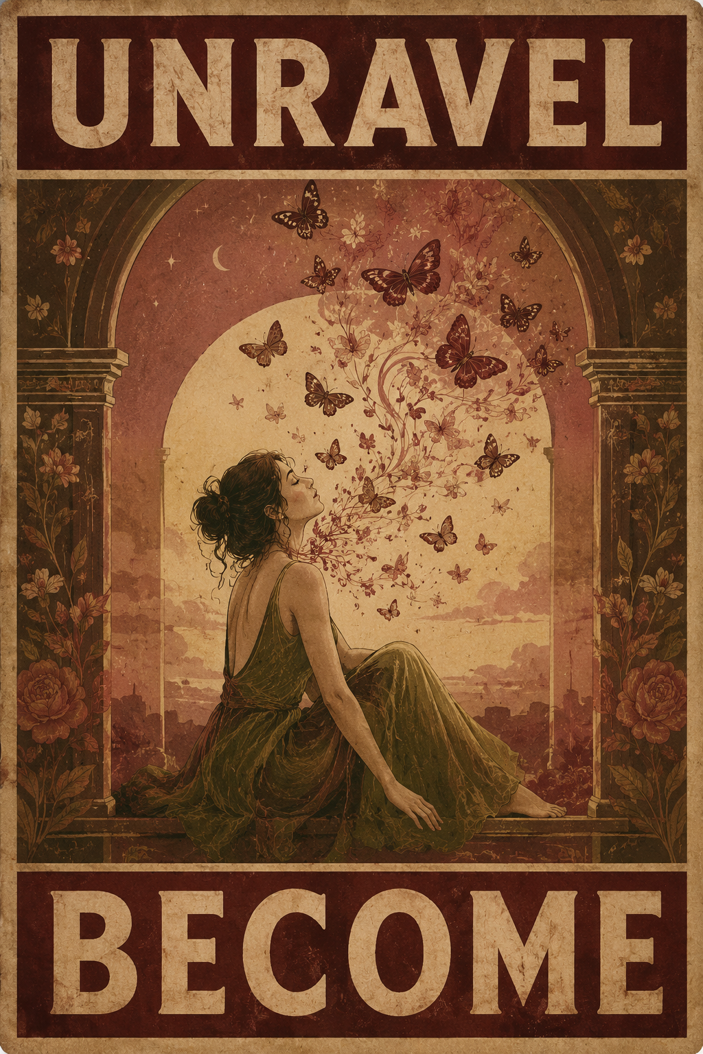 Unravel, Become — Vintage Butterfly Self-Growth Poster