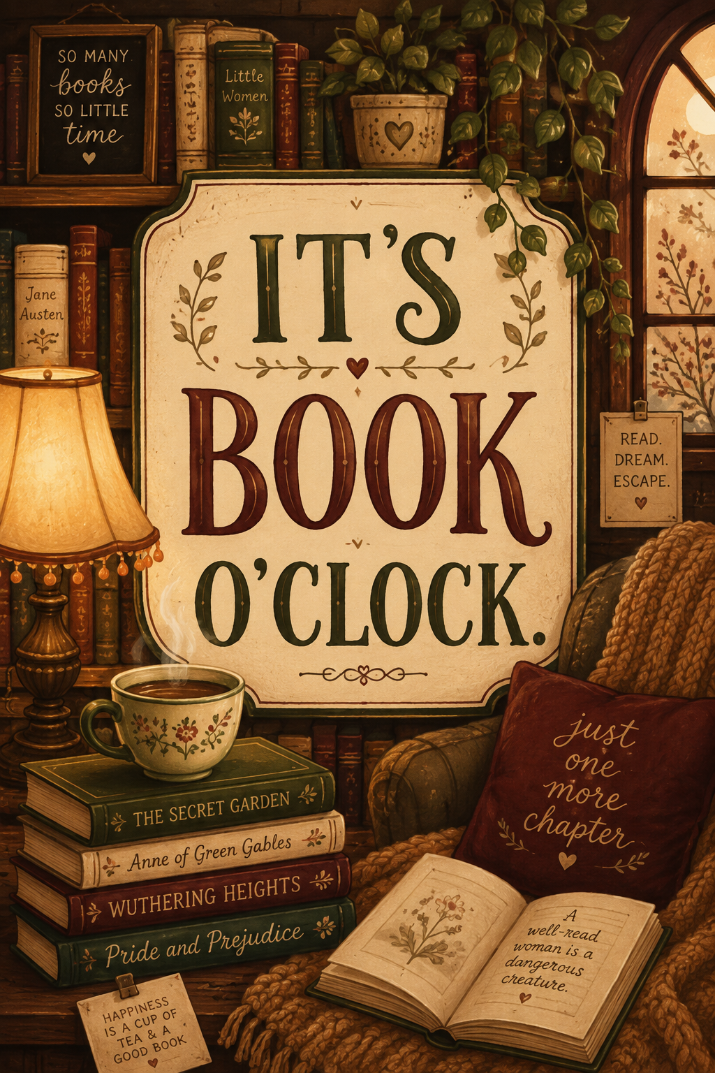 It's Book O'Clock - Cozy Reading Nook Wall Art Poster