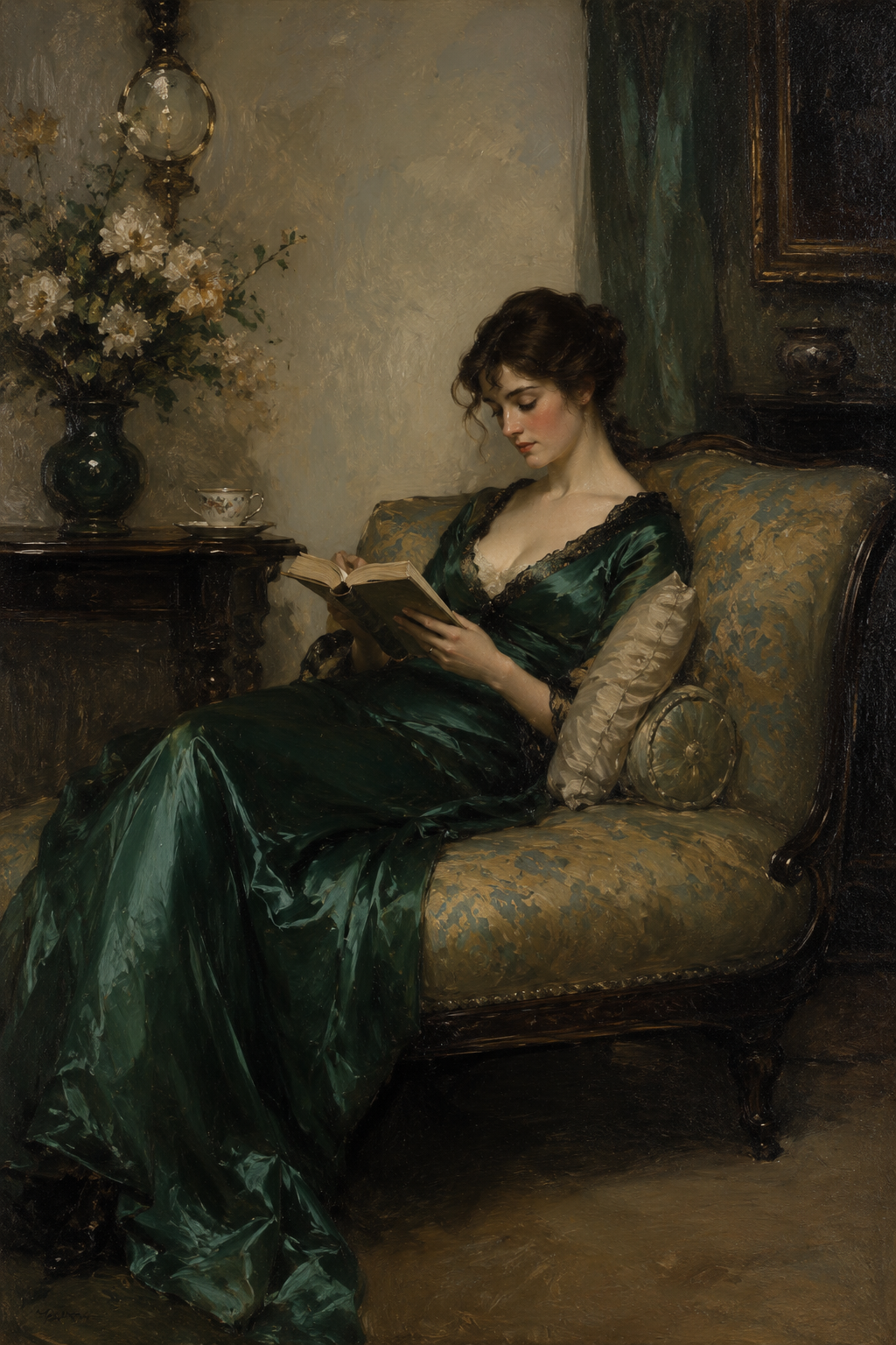 Woman reading in an emerald dress, vintage oil painting wall art