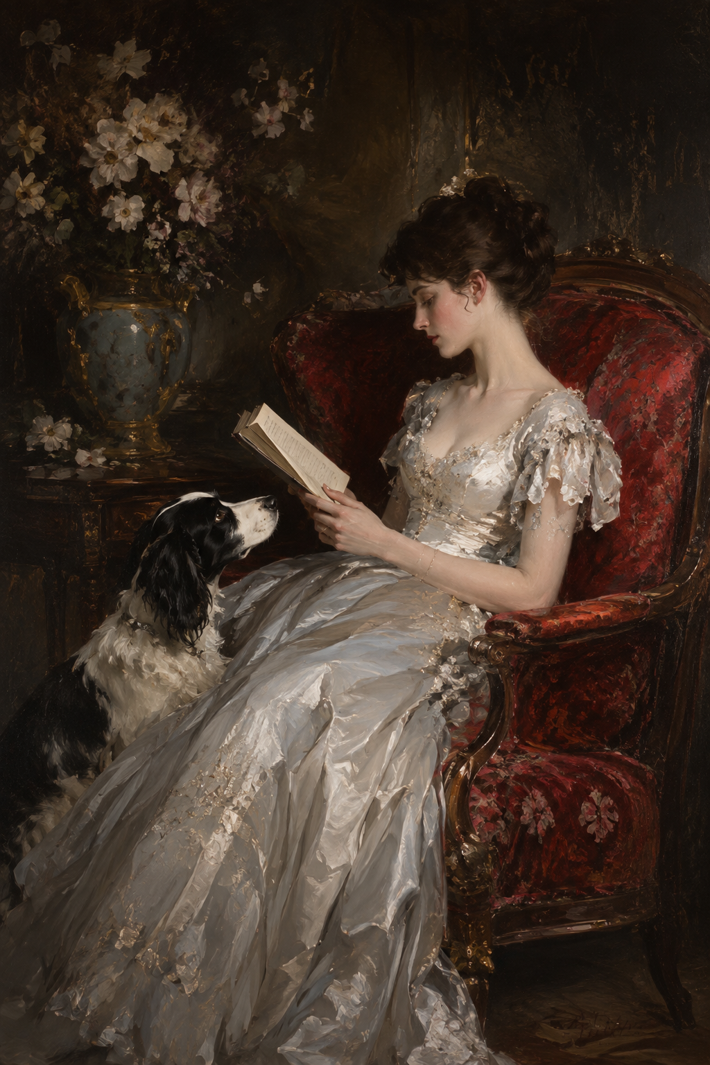 Woman reading with her dog in a Victorian interior, vintage wall art